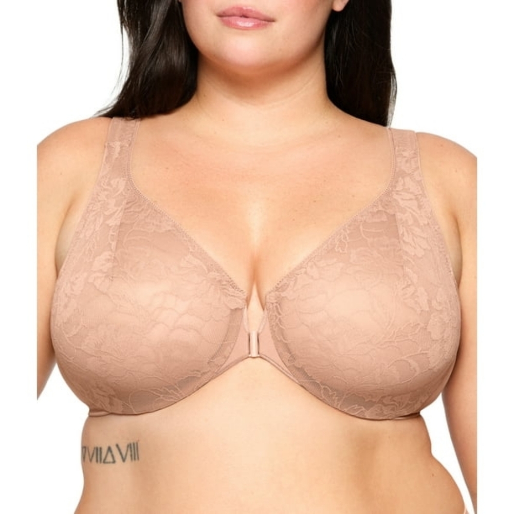 Glamorise Front-Closure Lacey T-Back WonderWire Bra Sz 44B Tan Lace WL282